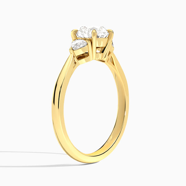 Round Luxe Trillion Cut Three Stone Lab Diamond Engagement Ring In 14K Yellow Gold, Angle View