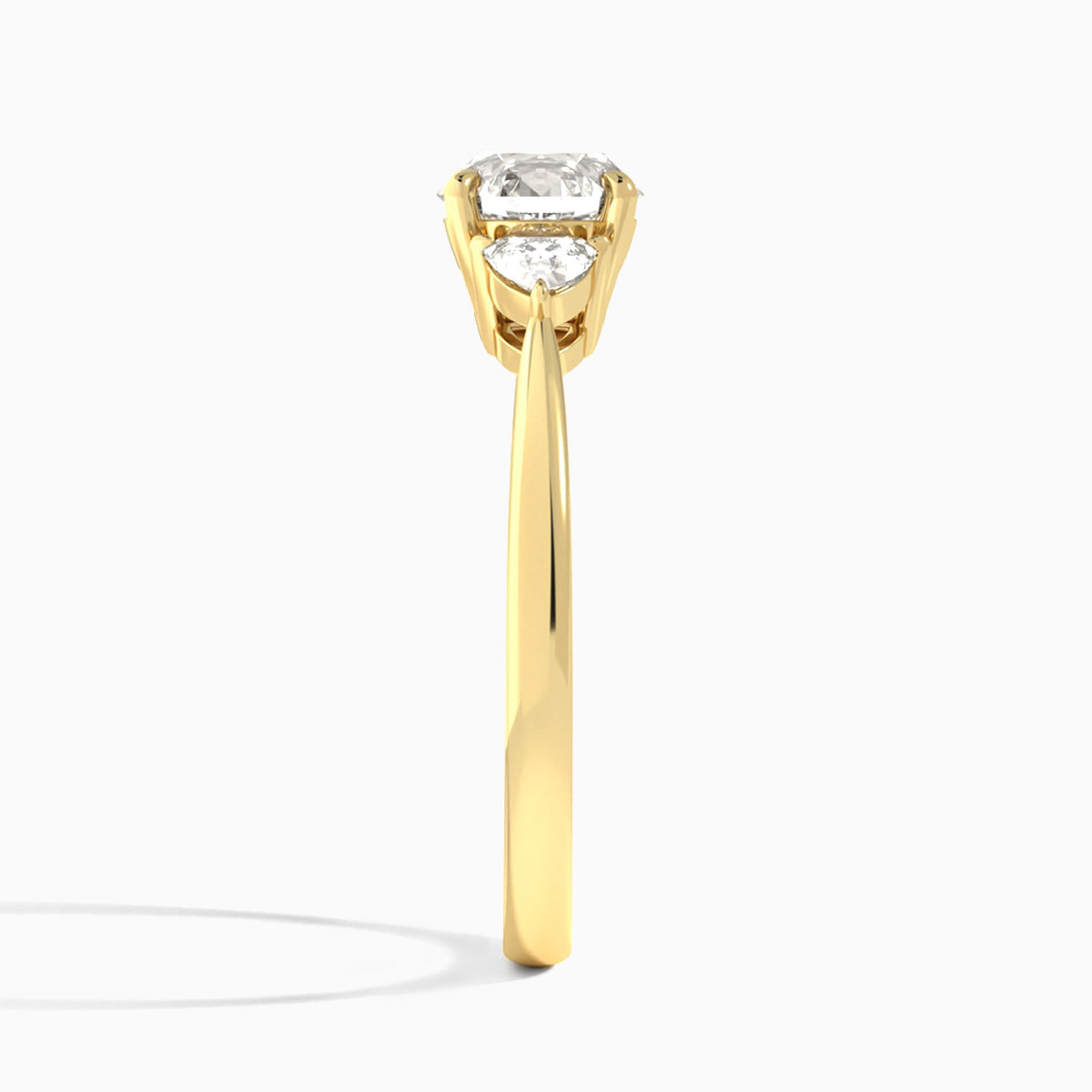 Round Luxe Trillion Cut Three Stone Lab Diamond Engagement Ring In 18K Yellow Gold, Side View