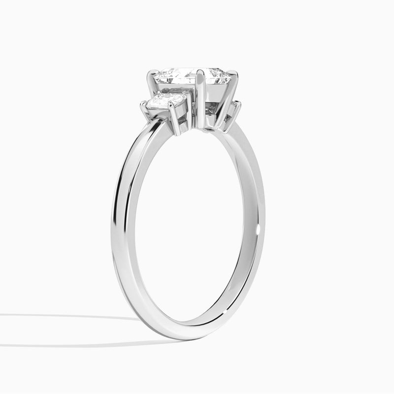 Asscher Hera Three Stone Lab Diamond Engagement Ring In 18K White Gold, Angle View
