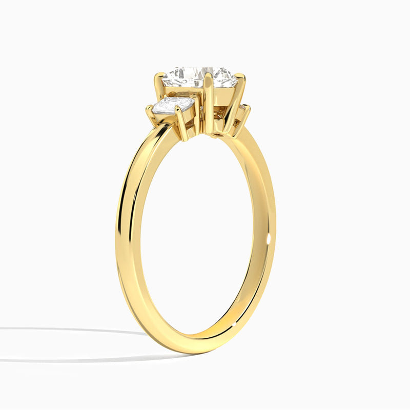 Cushion Hera Three Stone Lab Diamond Engagement Ring In 14K Yellow Gold, Angle View