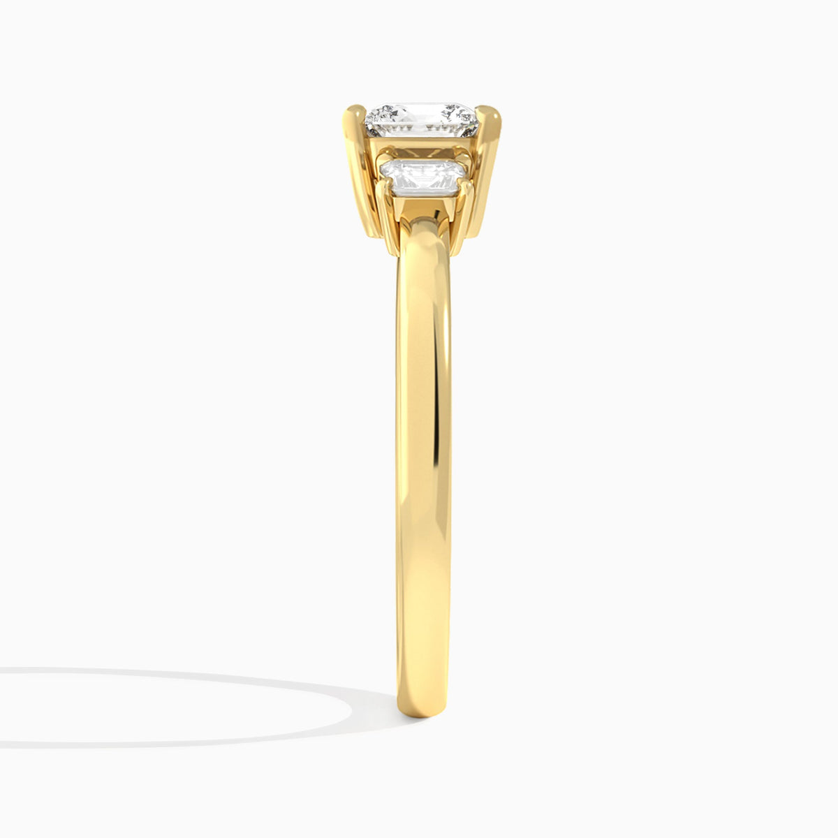 Cushion Hera Three Stone Lab Diamond Engagement Ring In 18K Yellow Gold, Side View