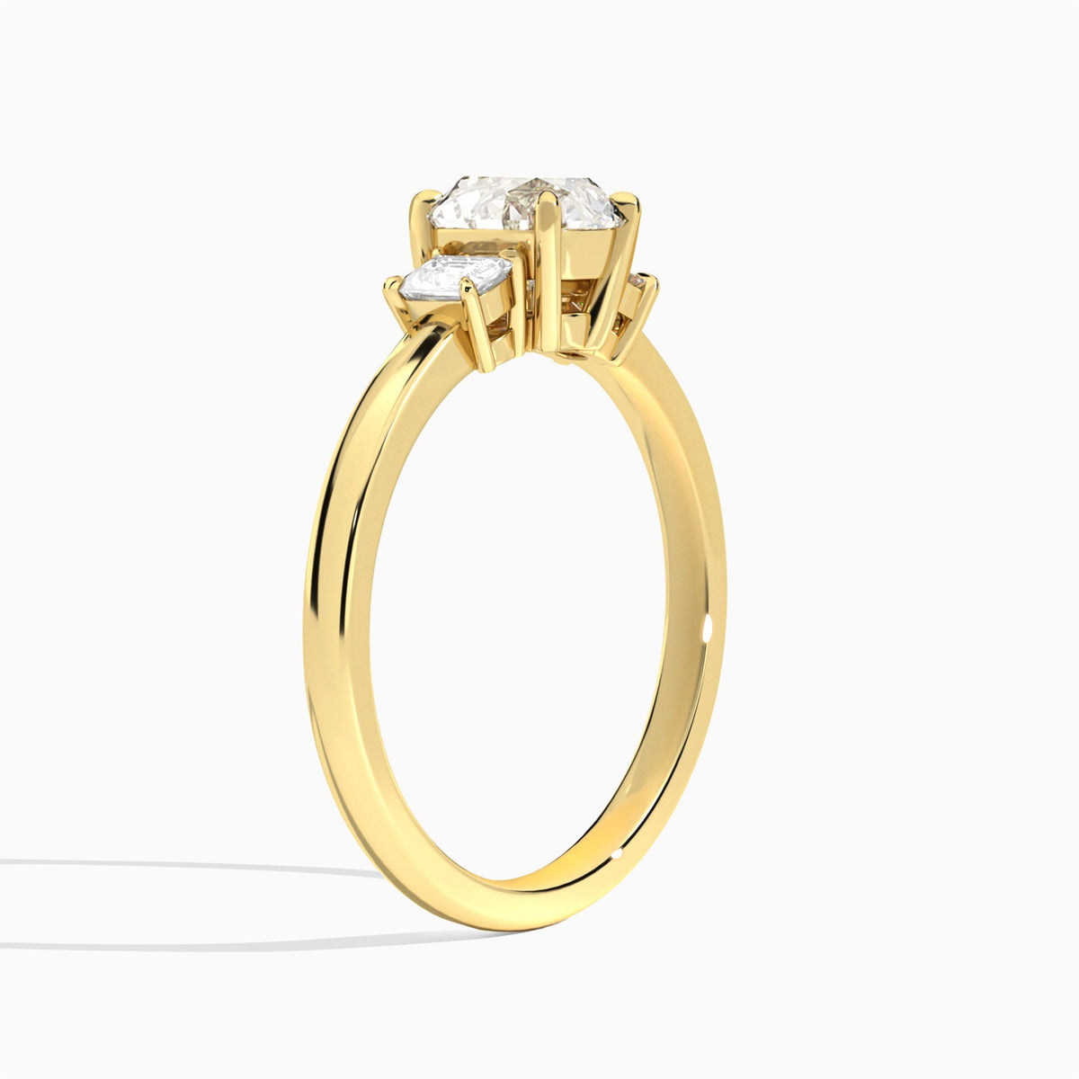 Round Hera Three Stone Lab Diamond Engagement Ring In 18K Yellow Gold, Angle View
