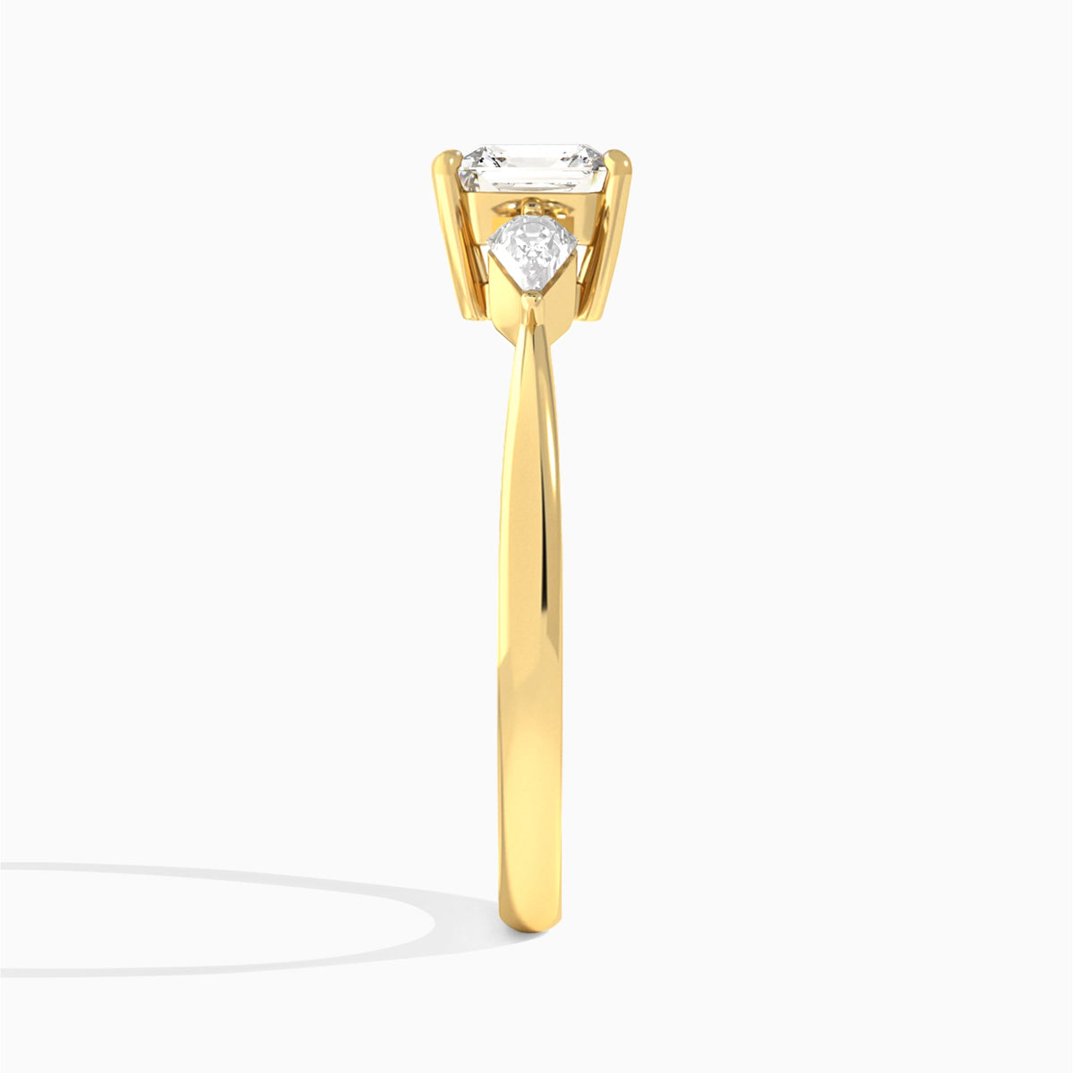 Asscher Luxe Ciana Three Stone Lab Diamond Engagement Ring In 18K Yellow Gold, Side View