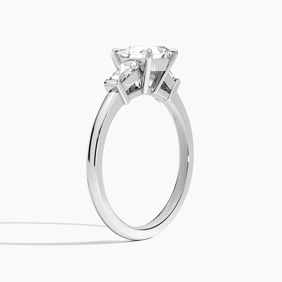 Asscher Thora Three Stone Lab Diamond Engagement Ring In 18K White Gold, Angle View