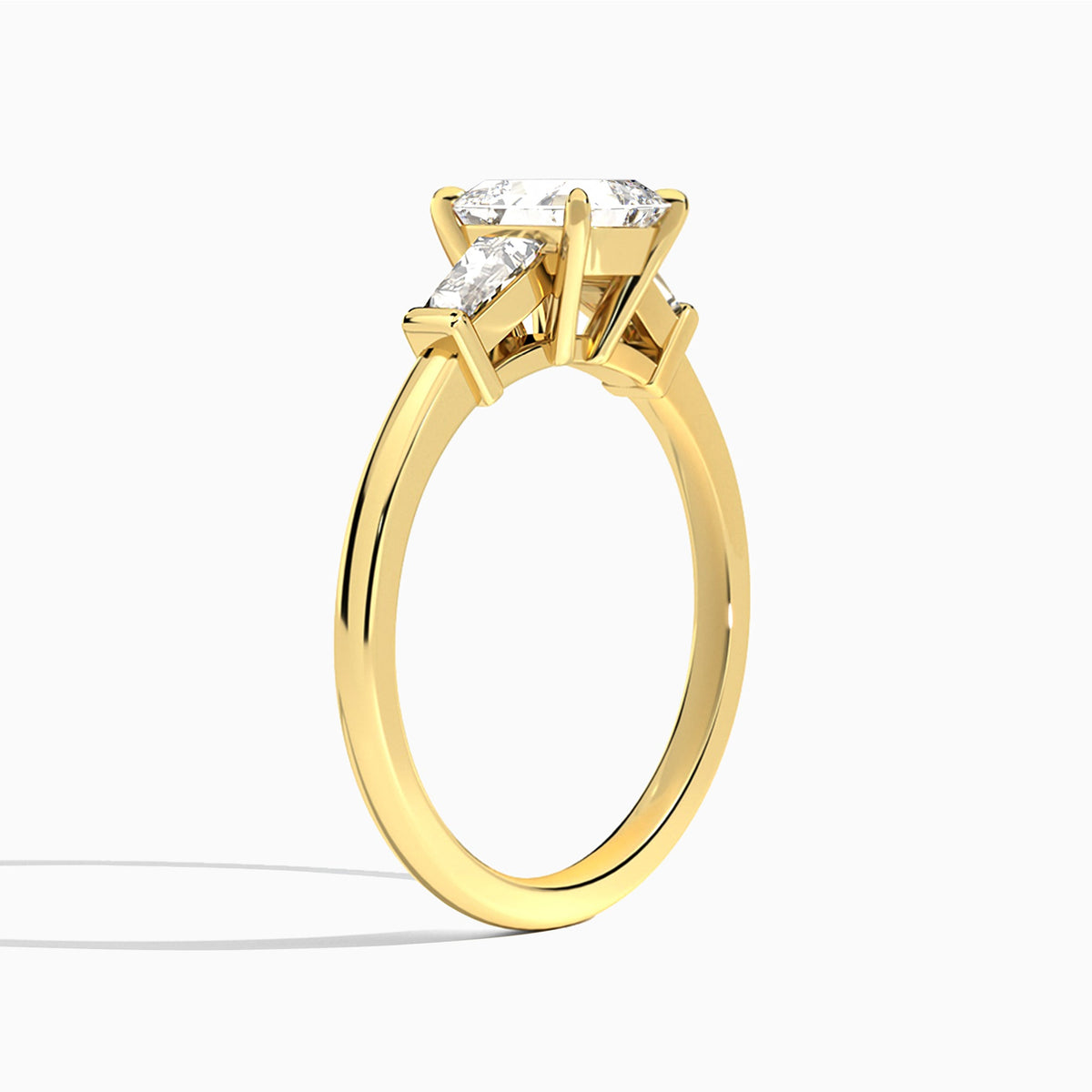 Asscher Thora Three Stone Lab Diamond Engagement Ring In 14K Yellow Gold, Angle View