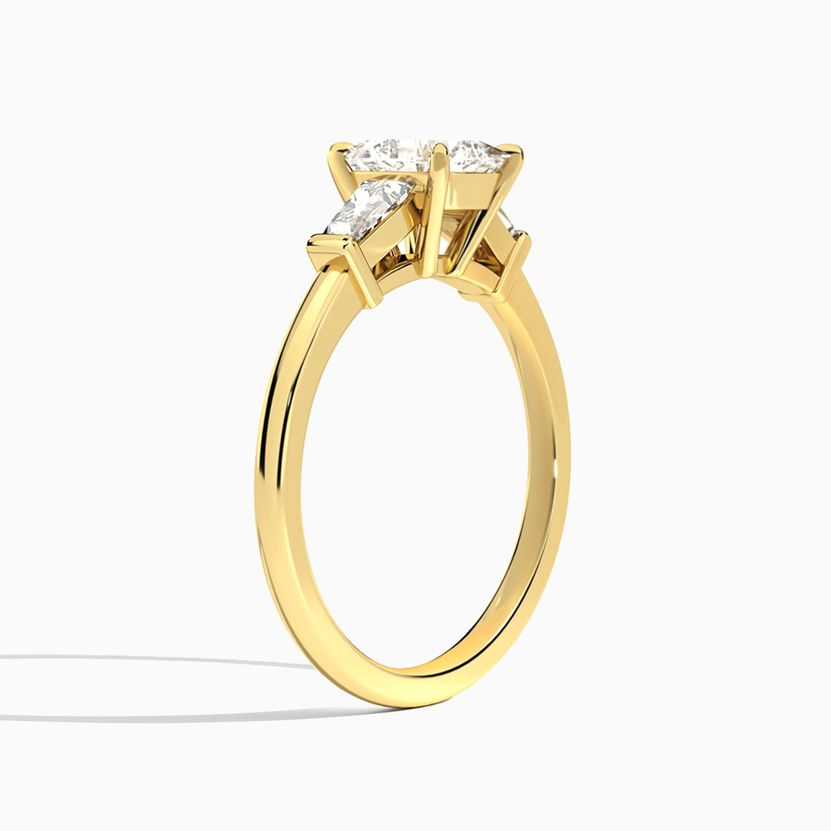 Cushion Thora Three Stone Lab Diamond Engagement Ring In 18K Yellow Gold, Angle View