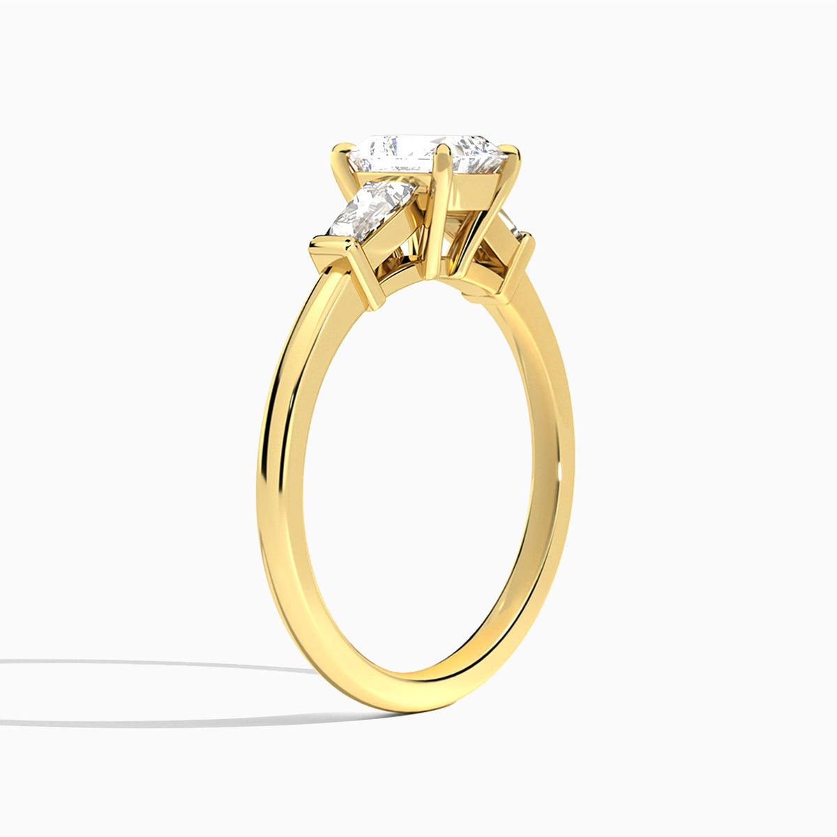 Radiant Thora Three Stone Lab Diamond Engagement Ring In 14K Yellow Gold, Angle View