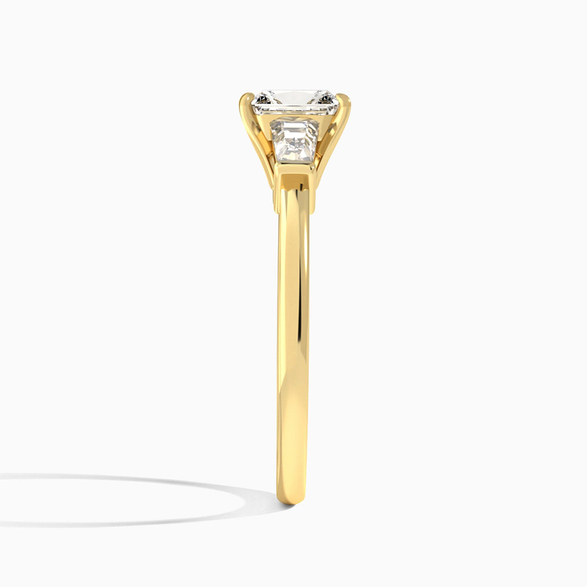 Radiant Thora Three Stone Lab Diamond Engagement Ring In 18K Yellow Gold, Side View