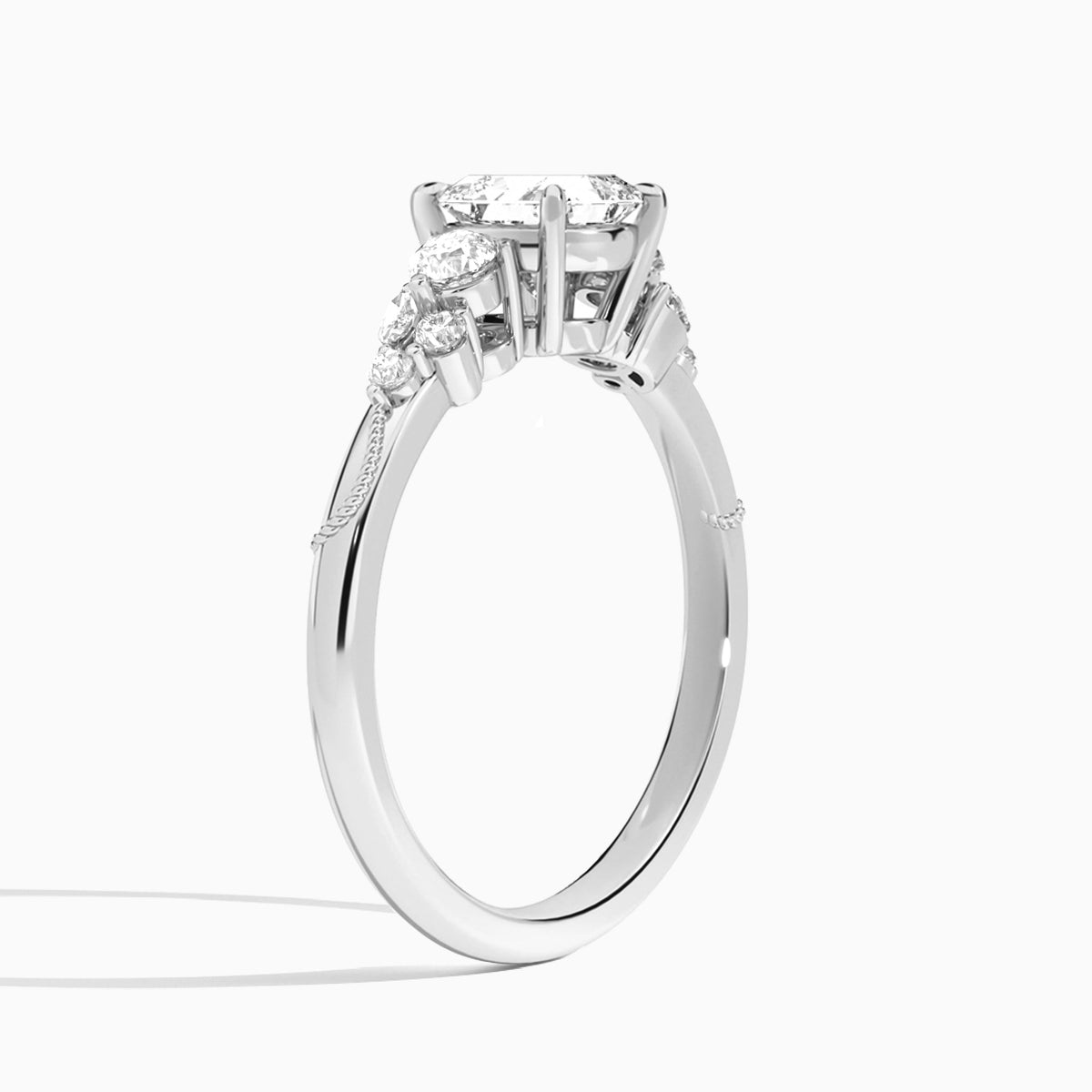 Asscher Carnation Three Stone Lab Diamond Engagement Ring In Platinum, Angle View