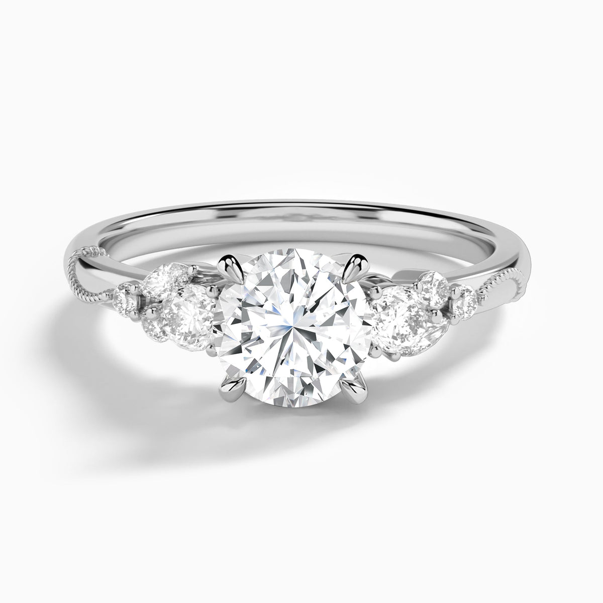 Round Carnation Three Stone Lab Diamond Engagement Ring In Platinum - Lucenjuri
