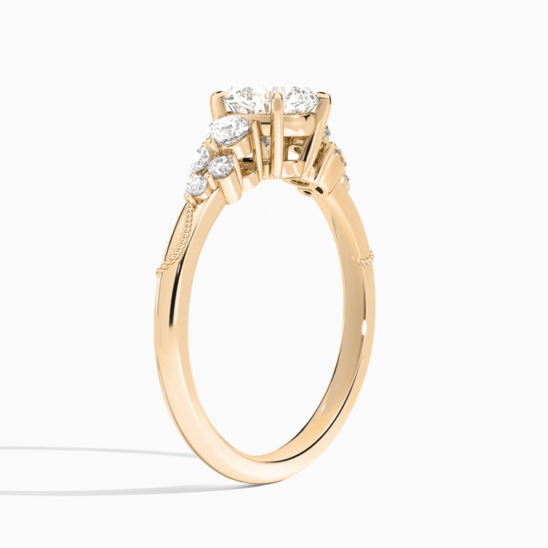 Cushion Carnation Three Stone Lab Diamond Engagement Ring In 14K Rose Gold, Angle View