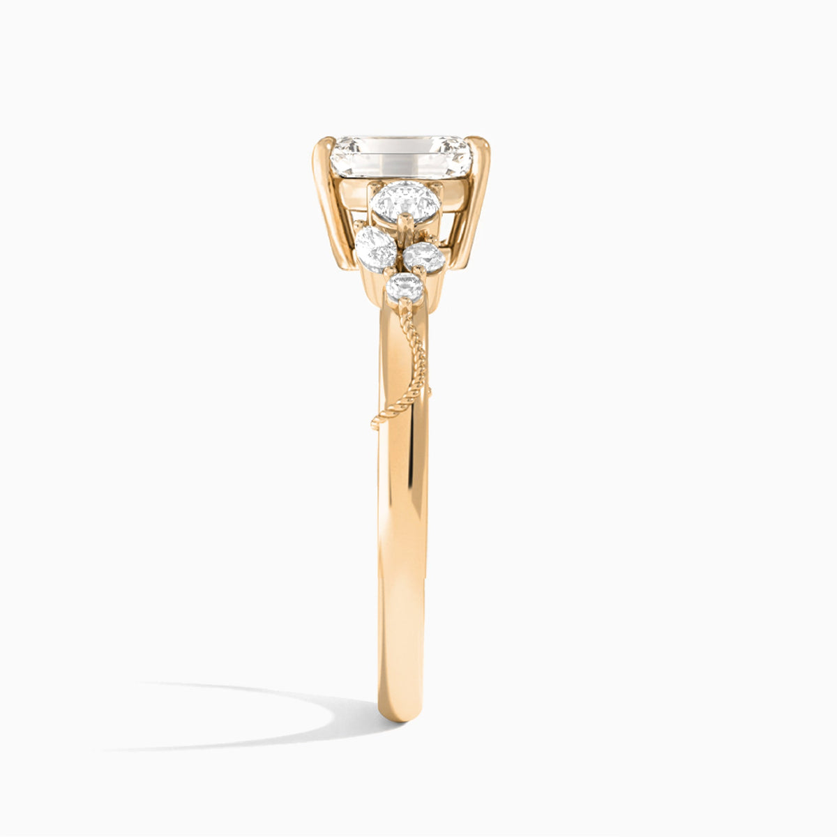 Emerald Carnation Three Stone Lab Diamond Engagement Ring In 14K Rose Gold, Side View