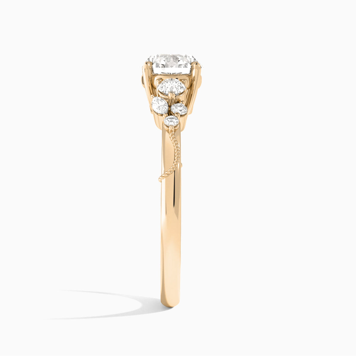 Round Carnation Three Stone Lab Diamond Engagement Ring In 14K Rose Gold, Side View