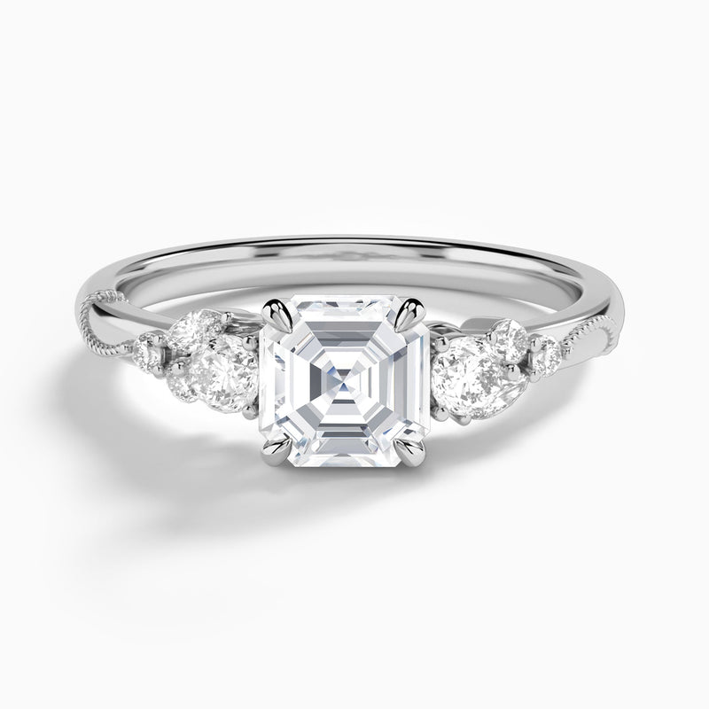 Asscher Carnation Three Stone Lab Diamond Engagement Ring In 18K White Gold - Lucenjuri