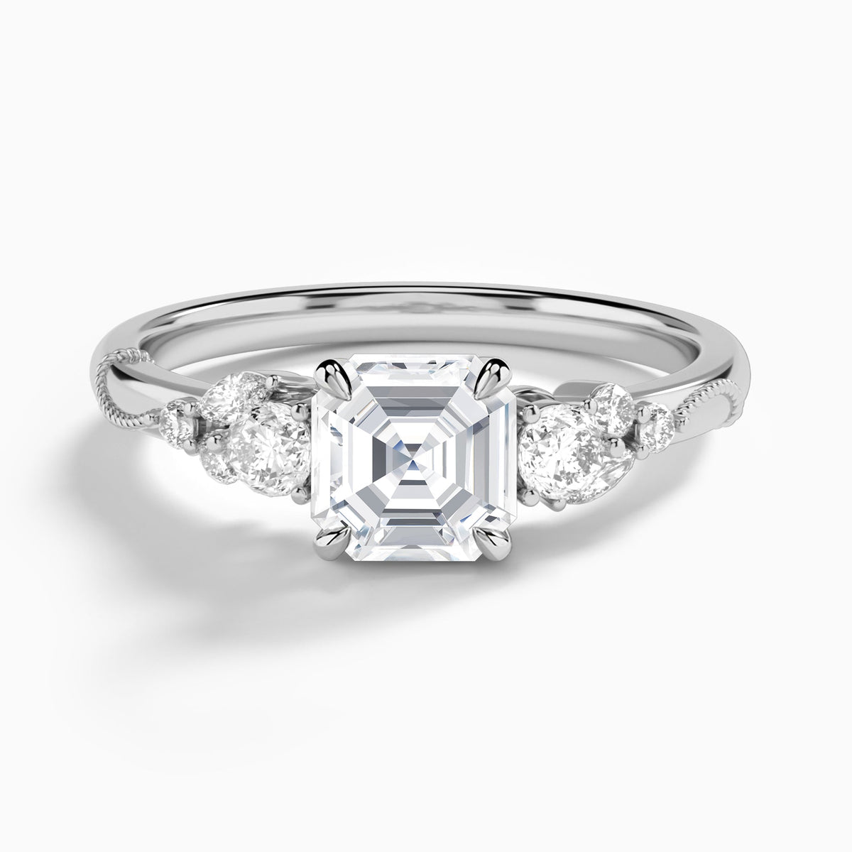 Asscher Carnation Three Stone Lab Diamond Engagement Ring In 18K White Gold - Lucenjuri