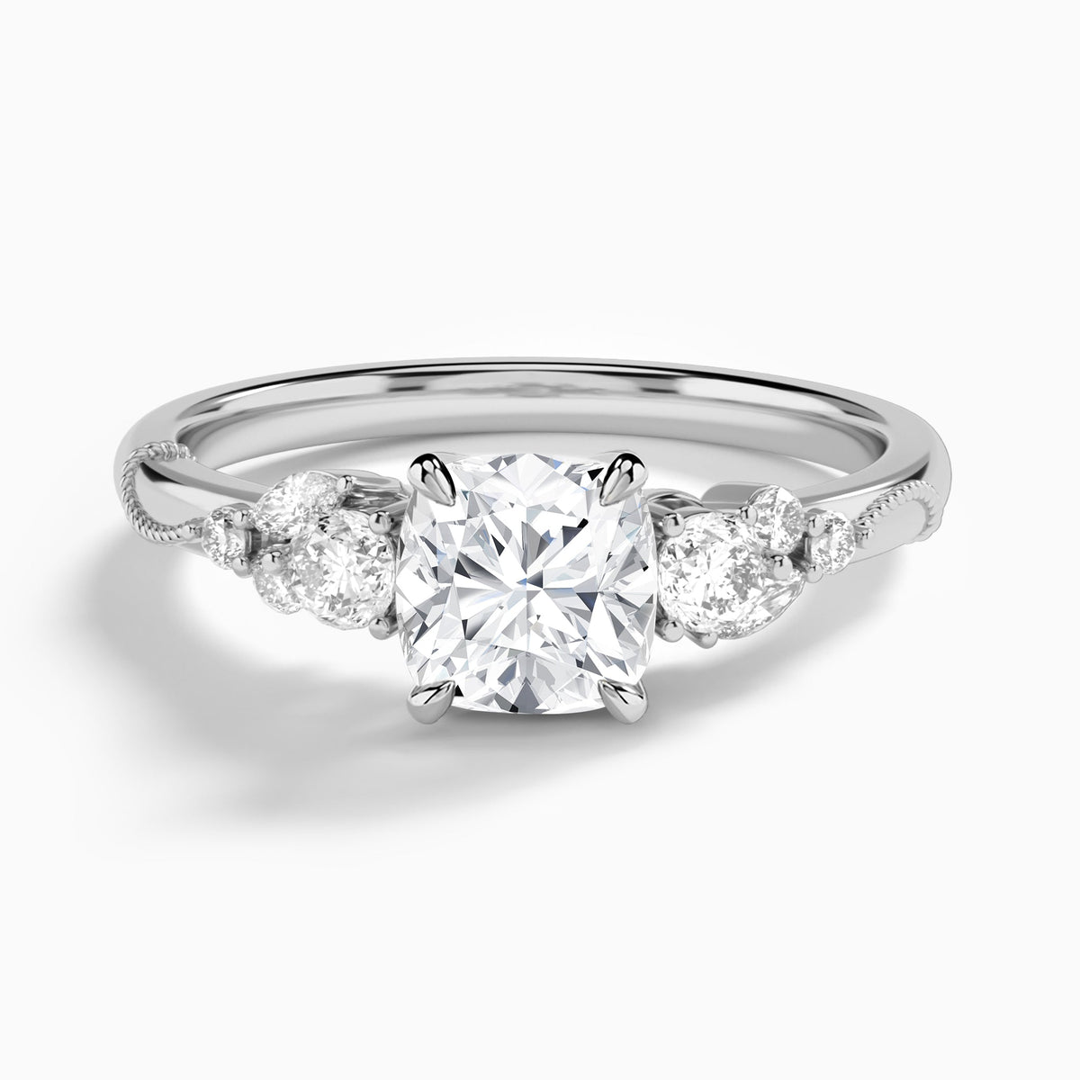 Cushion Carnation Three Stone Lab Diamond Engagement Ring In 18K White Gold - Lucenjuri