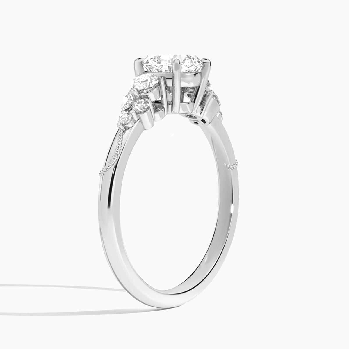 Cushion Carnation Three Stone Lab Diamond Engagement Ring In 18K White Gold, Angle View