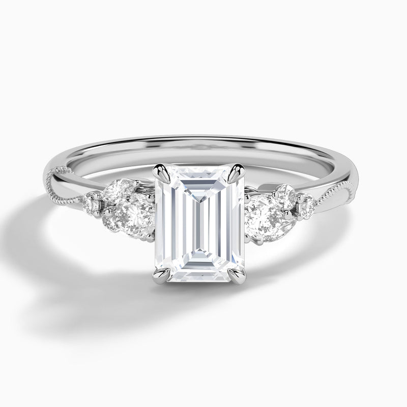 Emerald Carnation Three Stone Lab Diamond Engagement Ring In 14K White Gold - Lucenjuri