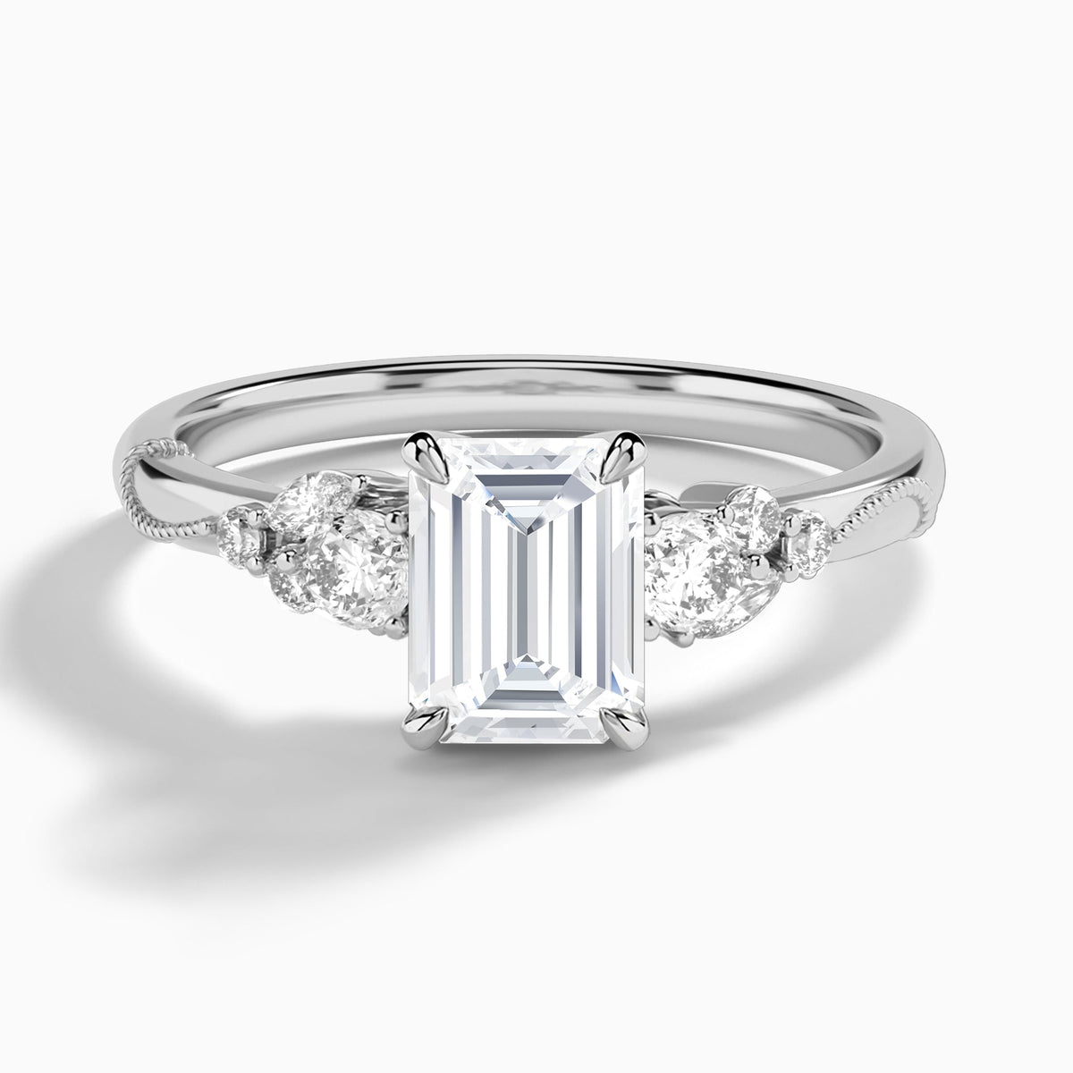 Emerald Carnation Three Stone Lab Diamond Engagement Ring In 18K White Gold - Lucenjuri