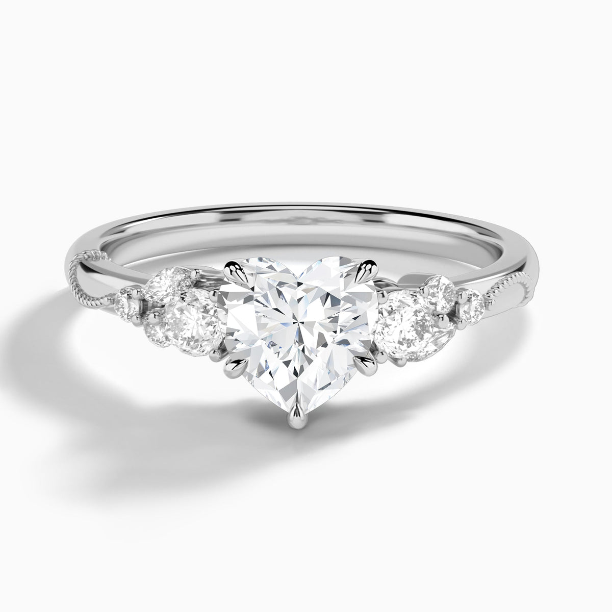 Heart Carnation Three Stone Lab Diamond Engagement Ring In 18K White Gold - Lucenjuri