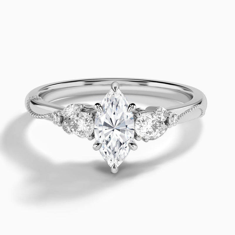 Marquise Carnation Three Stone Lab Diamond Engagement Ring In 18K White Gold - Lucenjuri