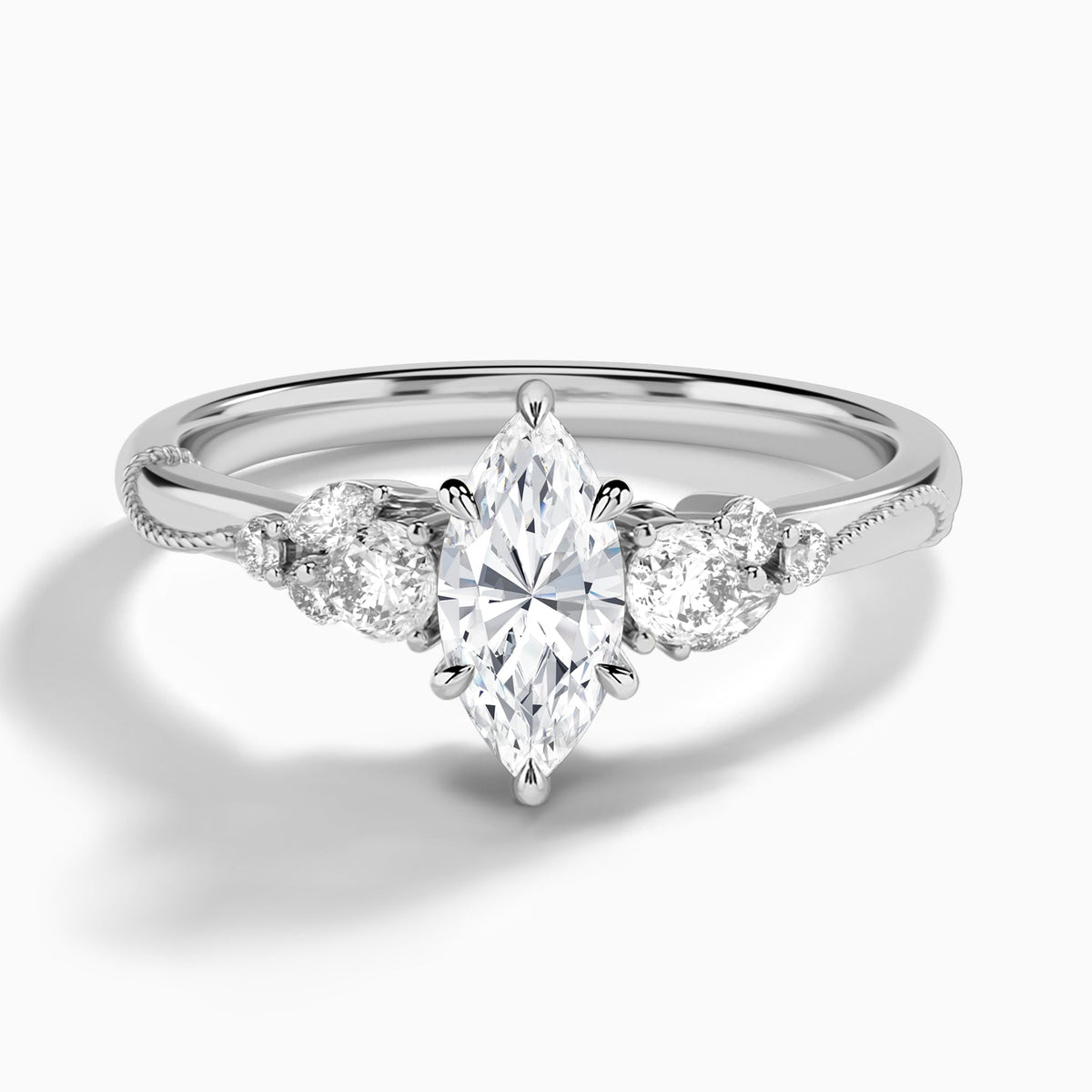 Marquise Carnation Three Stone Lab Diamond Engagement Ring In 18K White Gold - Lucenjuri