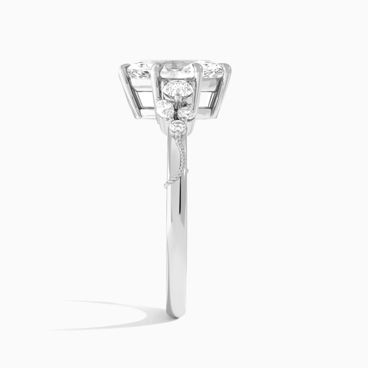 Marquise Carnation Three Stone Lab Diamond Engagement Ring In 14K White Gold, Side View