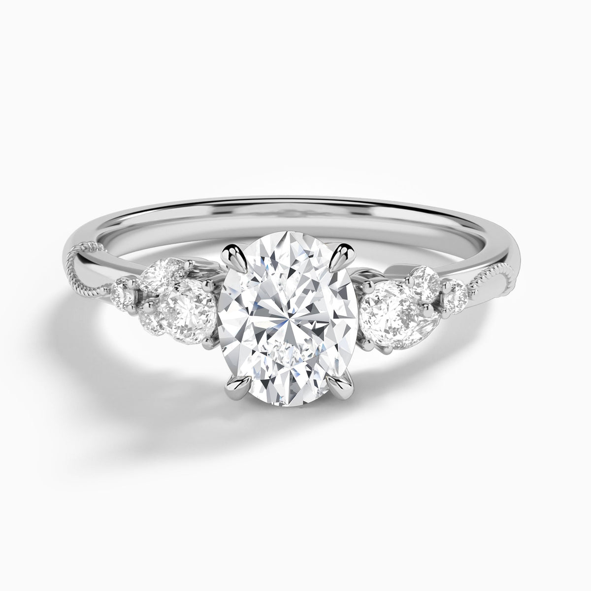 Oval Carnation Three Stone Lab Diamond Engagement Ring In 18K White Gold - Lucenjuri