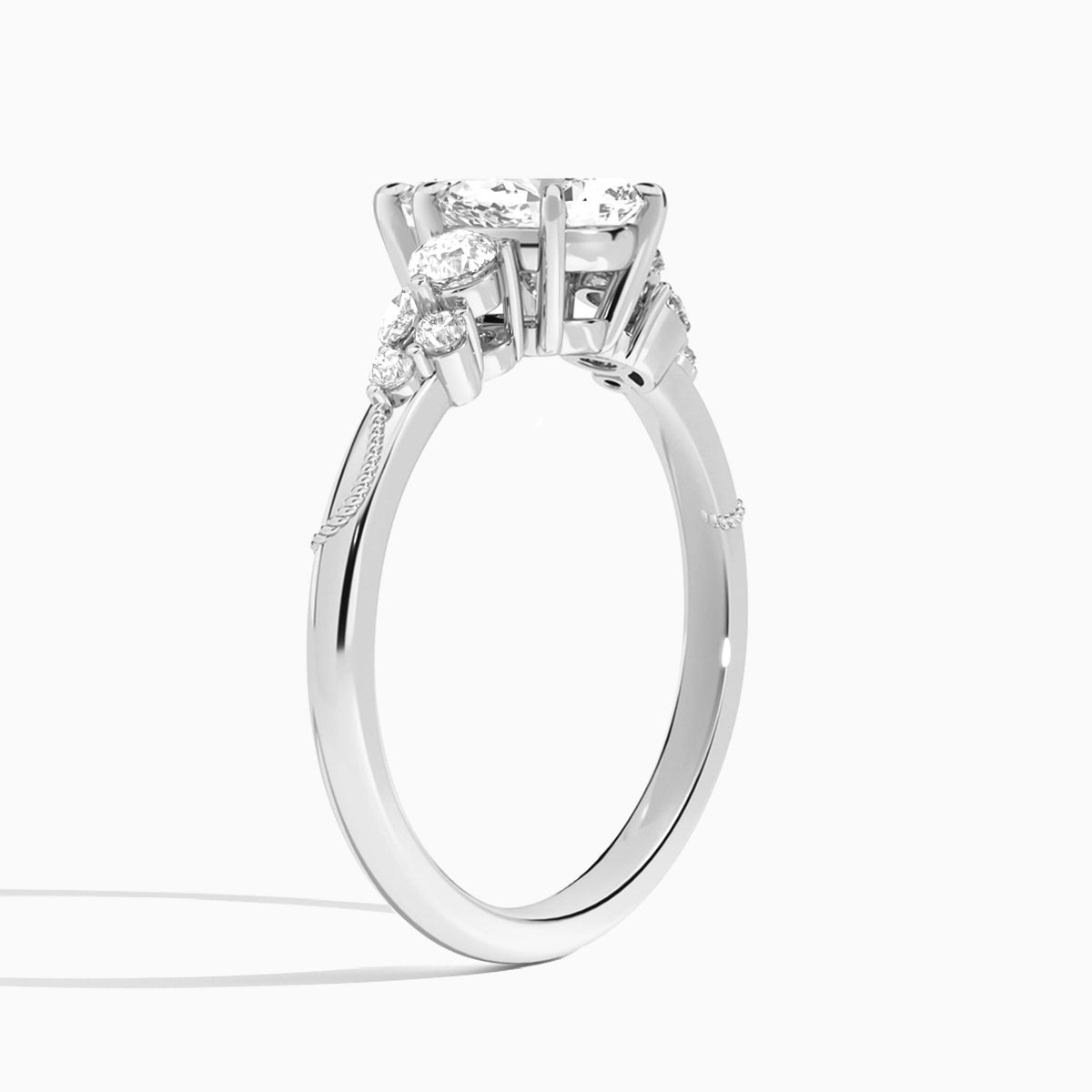 Pear Carnation Three Stone Lab Diamond Engagement Ring In 18K White Gold, Angle View