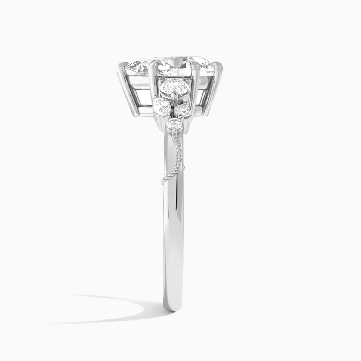 Pear Carnation Three Stone Lab Diamond Engagement Ring In 18K White Gold, Side View