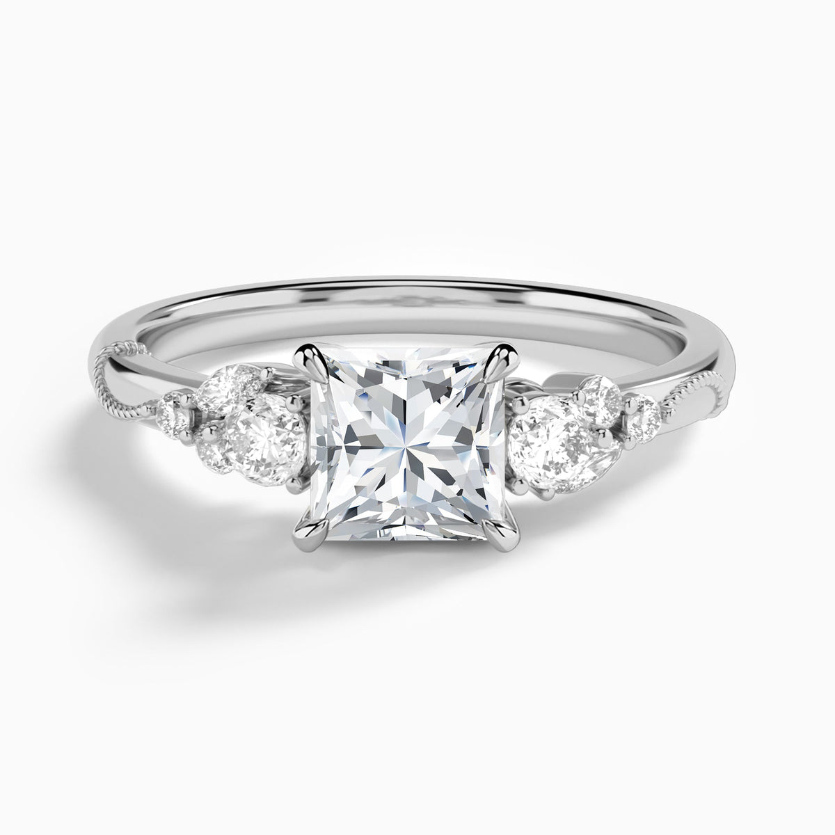 Princess Carnation Three Stone Lab Diamond Engagement Ring In 14K White Gold - Lucenjuri