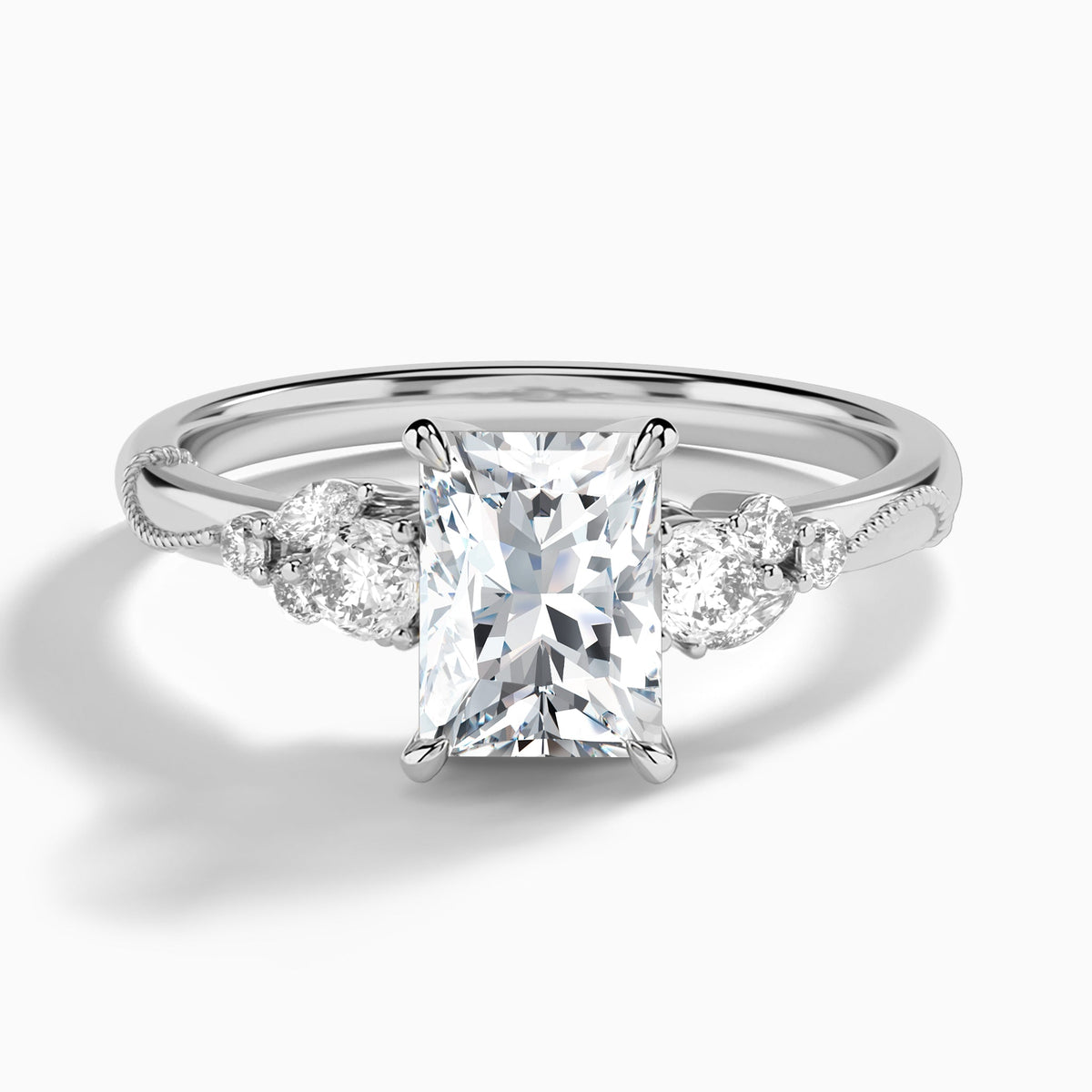 Radiant Carnation Three Stone Lab Diamond Engagement Ring In 14K White Gold - Lucenjuri