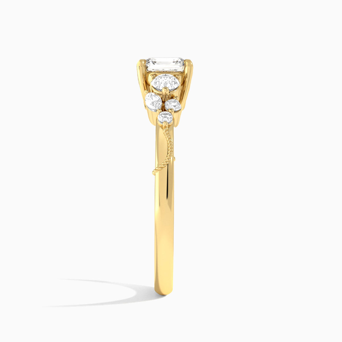 Asscher Carnation Three Stone Lab Diamond Engagement Ring In 18K Yellow Gold, Side View