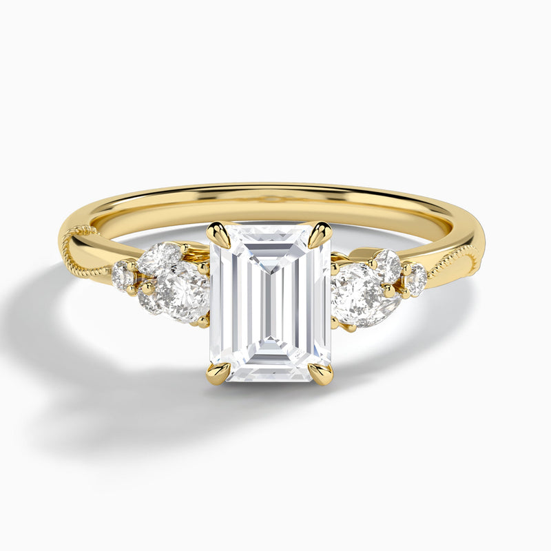 Emerald Carnation Three Stone Lab Diamond Engagement Ring In 14K Yellow Gold - Lucenjuri