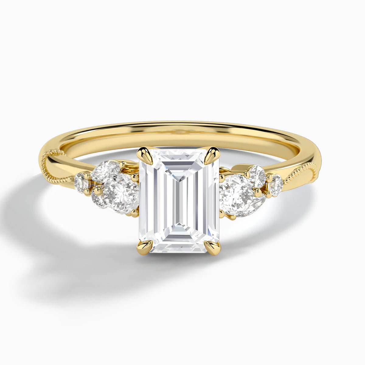 Emerald Carnation Three Stone Lab Diamond Engagement Ring In 14K Yellow Gold - Lucenjuri