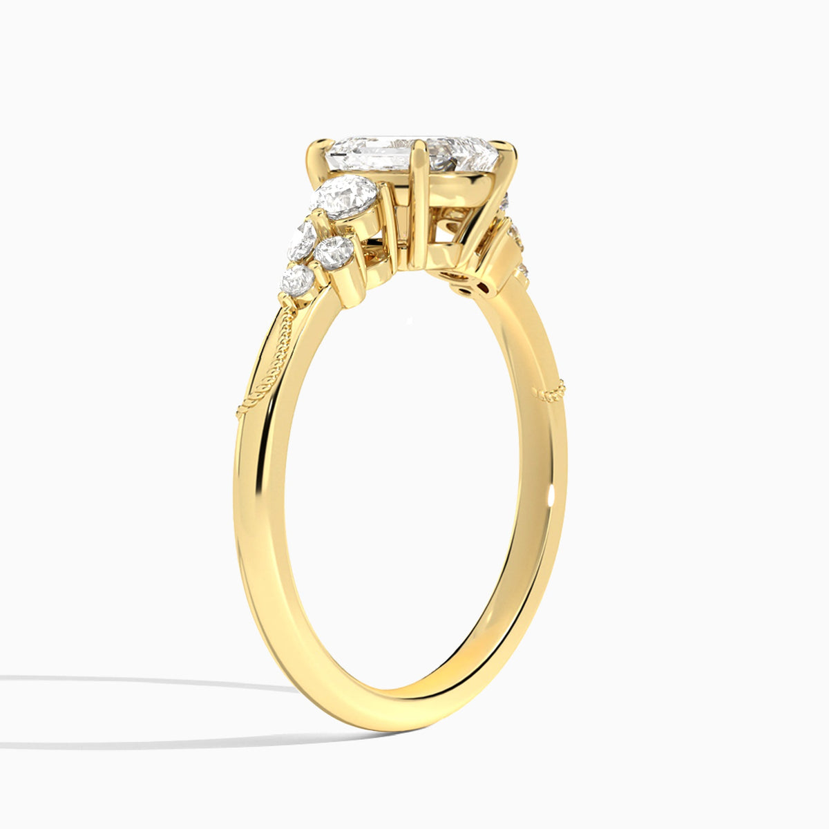 Emerald Carnation Three Stone Lab Diamond Engagement Ring In 18K Yellow Gold, Angle View
