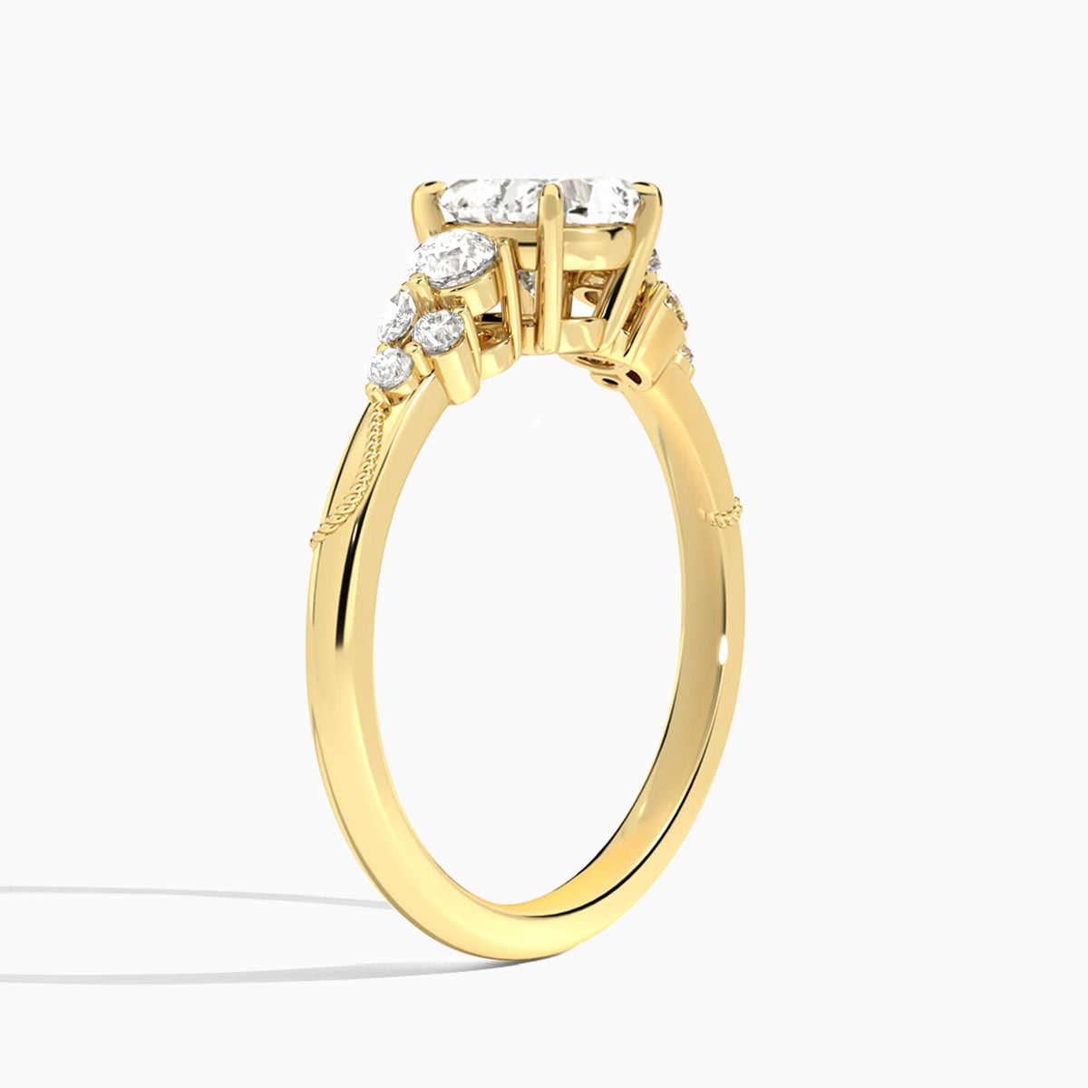 Heart Carnation Three Stone Lab Diamond Engagement Ring In 14K Yellow Gold, Angle View