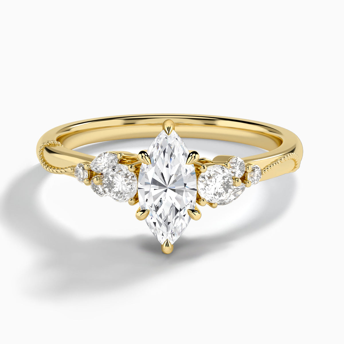 Marquise Carnation Three Stone Lab Diamond Engagement Ring In 18K Yellow Gold - Lucenjuri