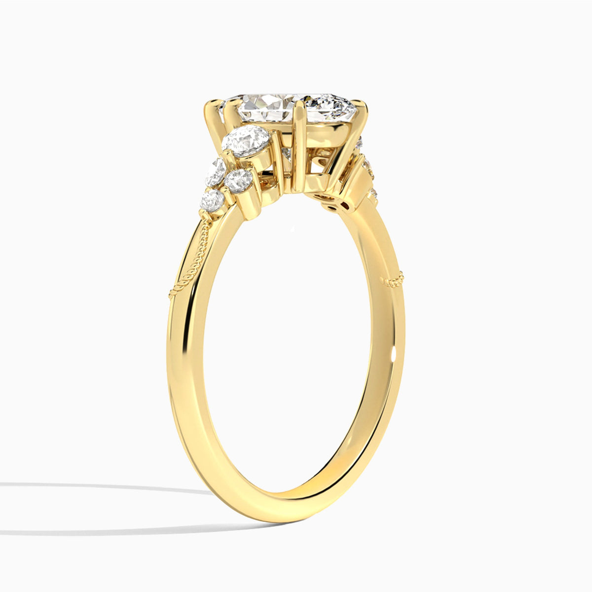 Marquise Carnation Three Stone Lab Diamond Engagement Ring In 14K Yellow Gold, Angle View