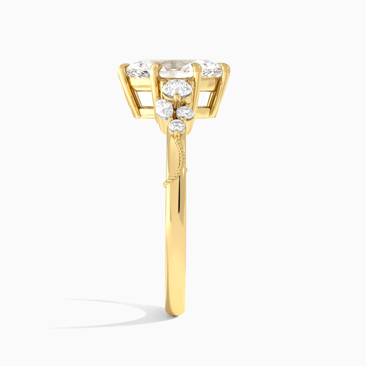 Marquise Carnation Three Stone Lab Diamond Engagement Ring In 14K Yellow Gold, Side View