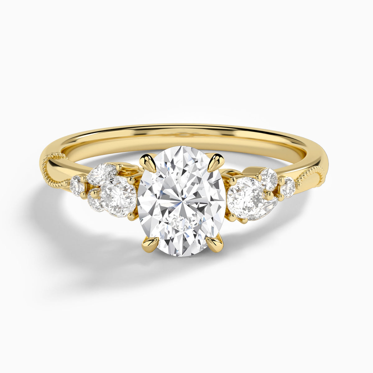 Oval Carnation Three Stone Lab Diamond Engagement Ring In 18K Yellow Gold - Lucenjuri