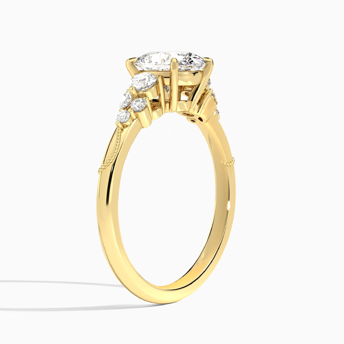 Oval Carnation Three Stone Lab Diamond Engagement Ring In 18K Yellow Gold, Angle View