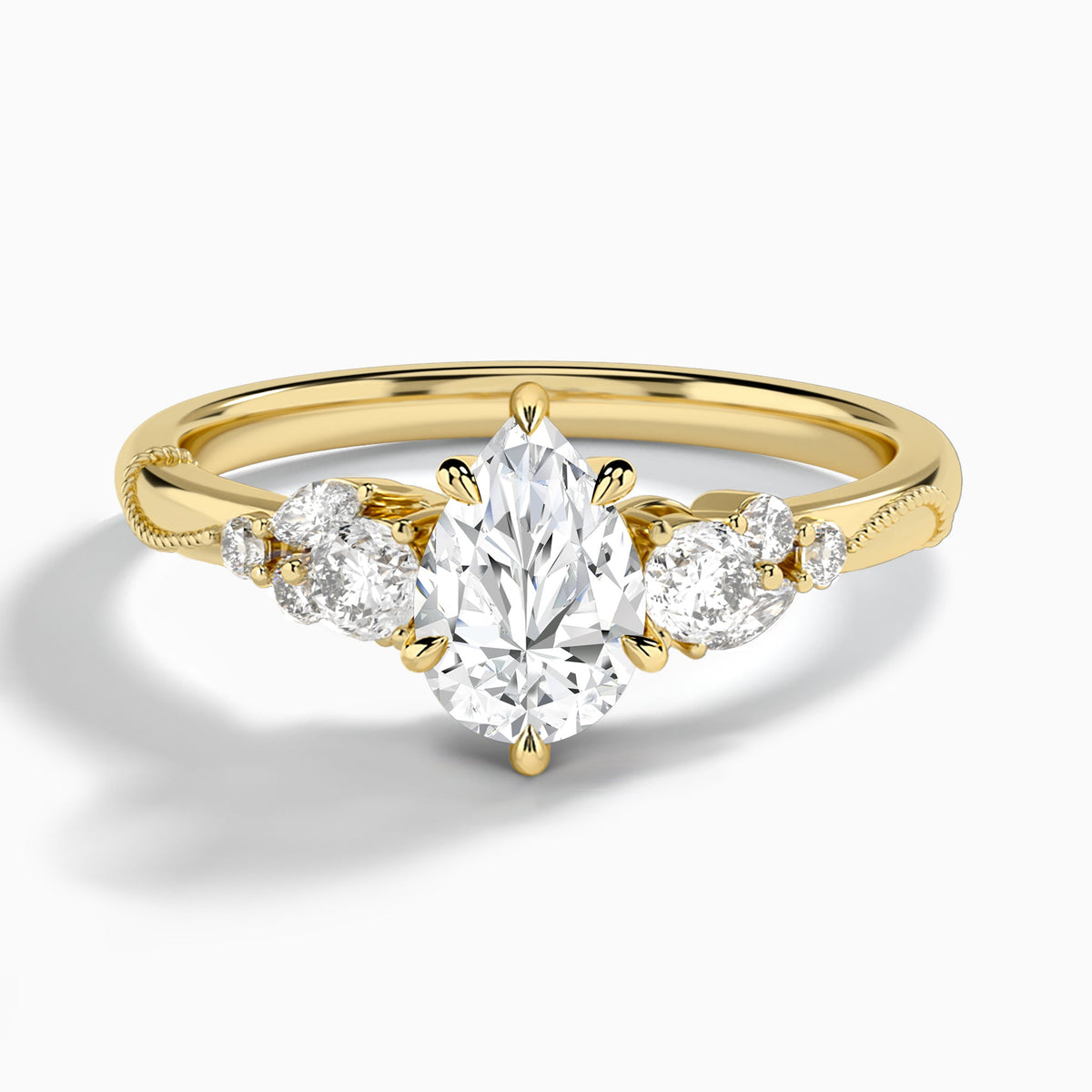 Pear Carnation Three Stone Lab Diamond Engagement Ring In 18K Yellow Gold - Lucenjuri