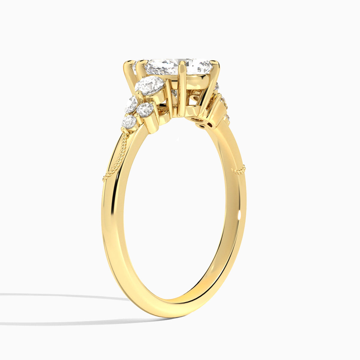 Pear Carnation Three Stone Lab Diamond Engagement Ring In 18K Yellow Gold, Angle View