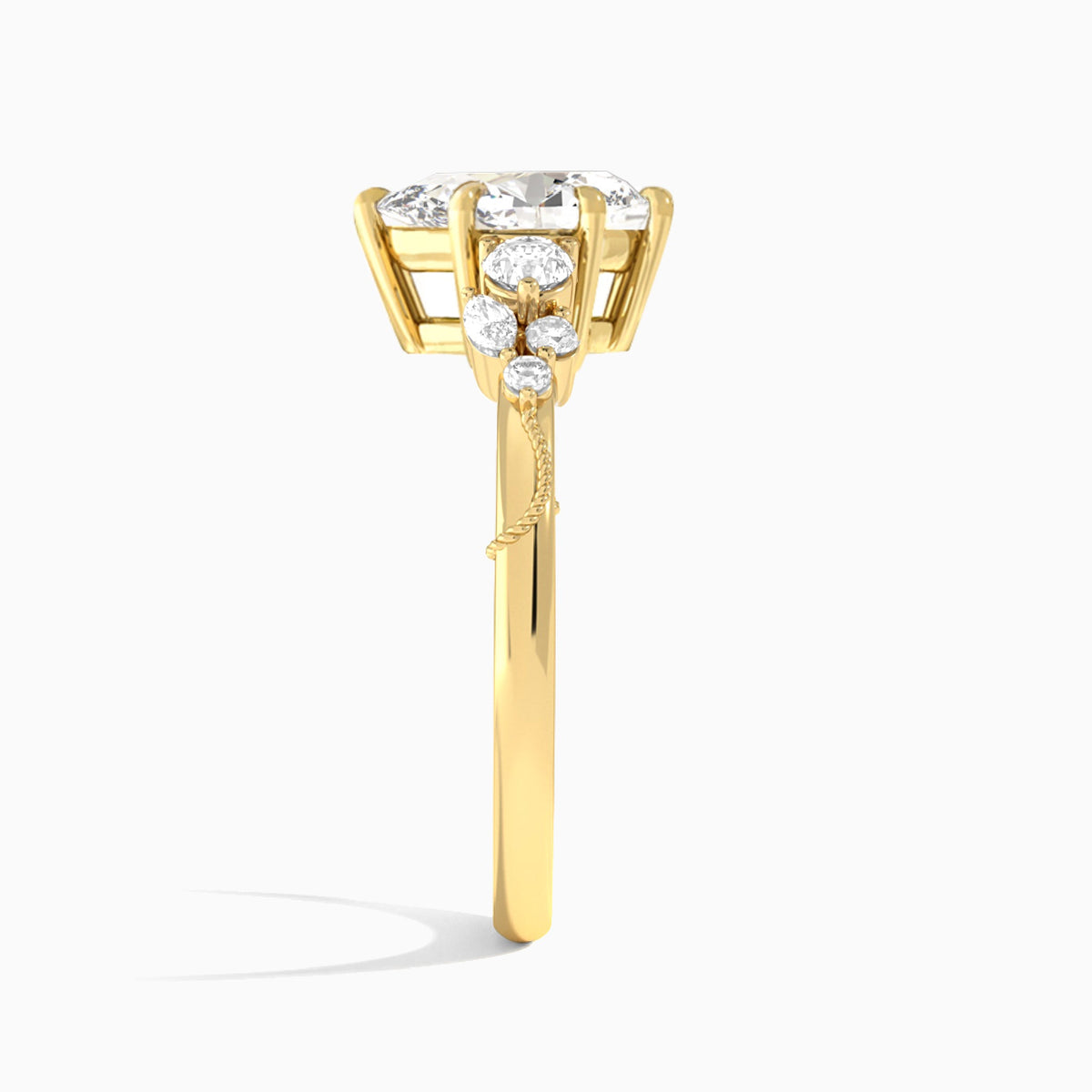 Pear Carnation Three Stone Lab Diamond Engagement Ring In 18K Yellow Gold, Side View