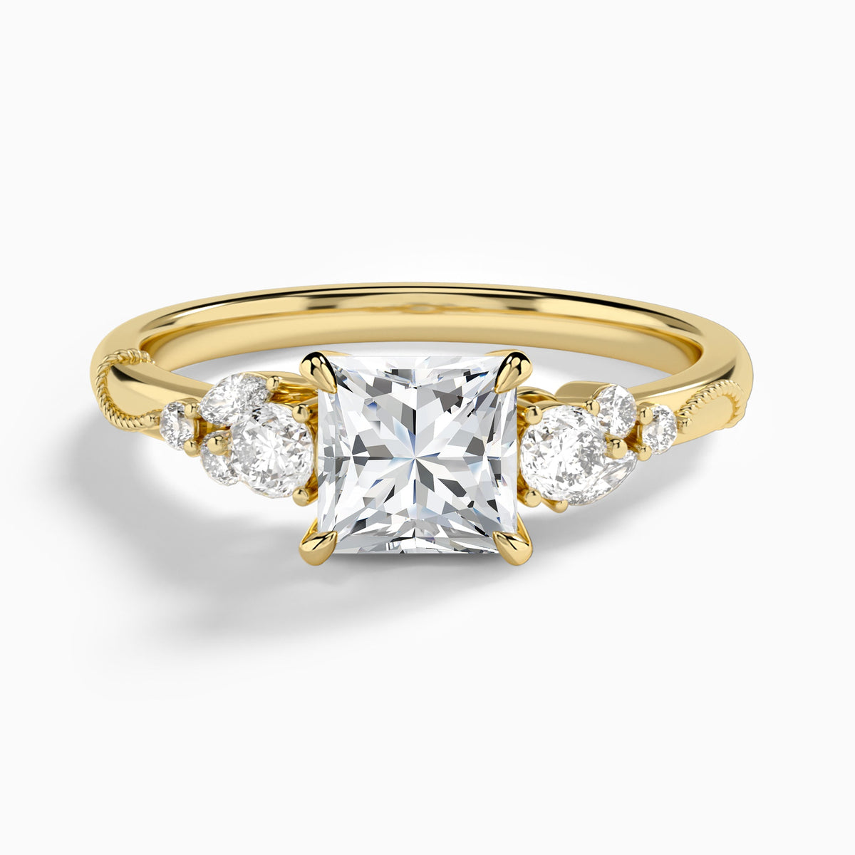 Princess Carnation Three Stone Lab Diamond Engagement Ring In 14K Yellow Gold - Lucenjuri