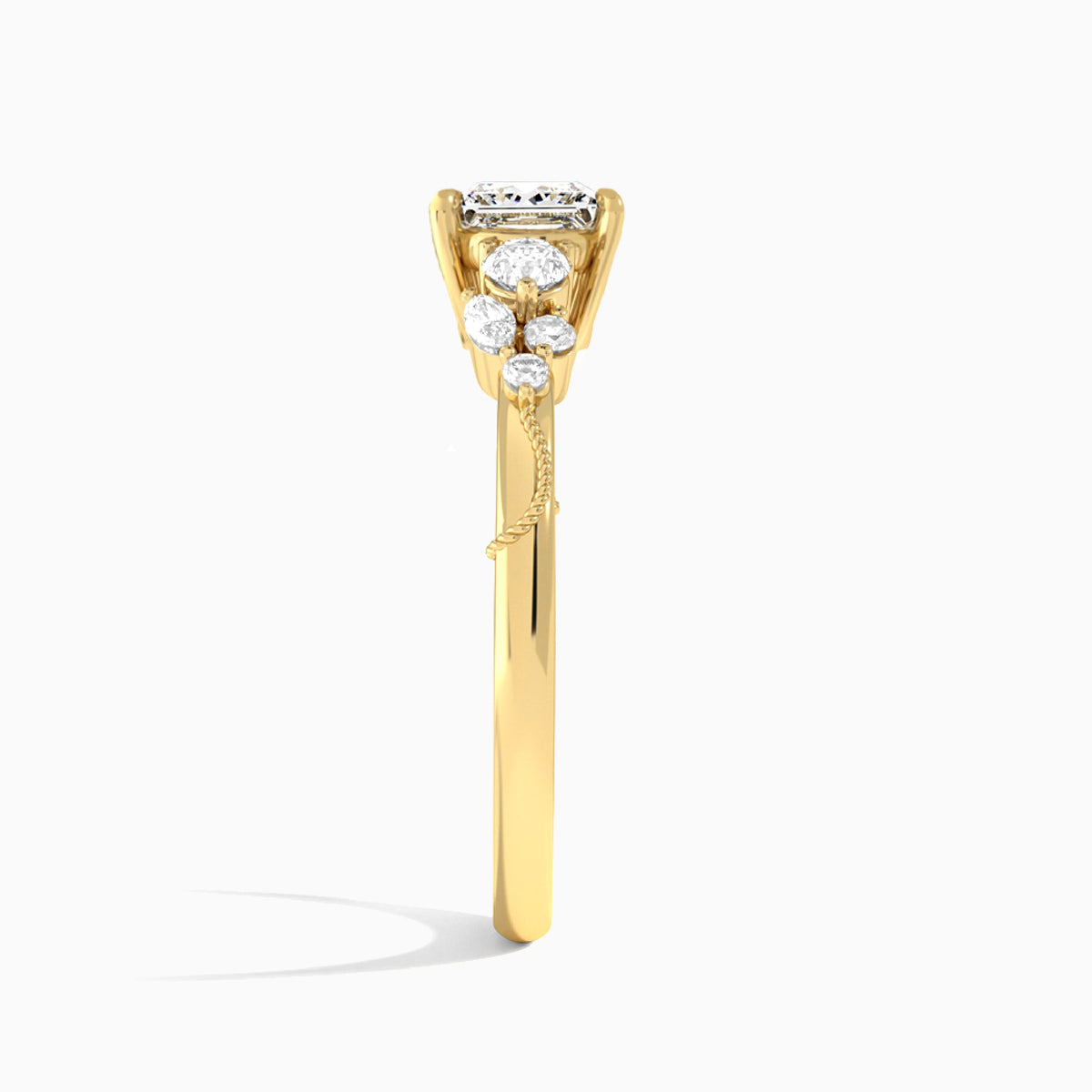 Princess Carnation Three Stone Lab Diamond Engagement Ring In 18K Yellow Gold, Side View