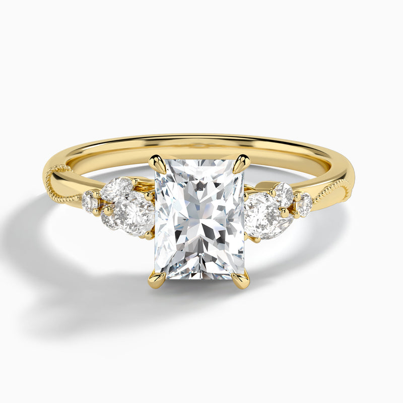 Radiant Carnation Three Stone Lab Diamond Engagement Ring In 14K Yellow Gold - Lucenjuri