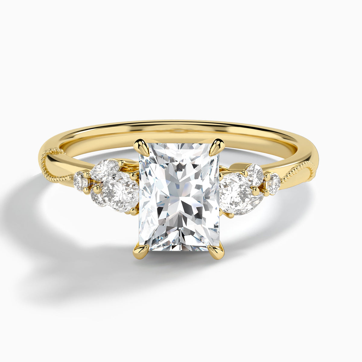 Radiant Carnation Three Stone Lab Diamond Engagement Ring In 14K Yellow Gold - Lucenjuri
