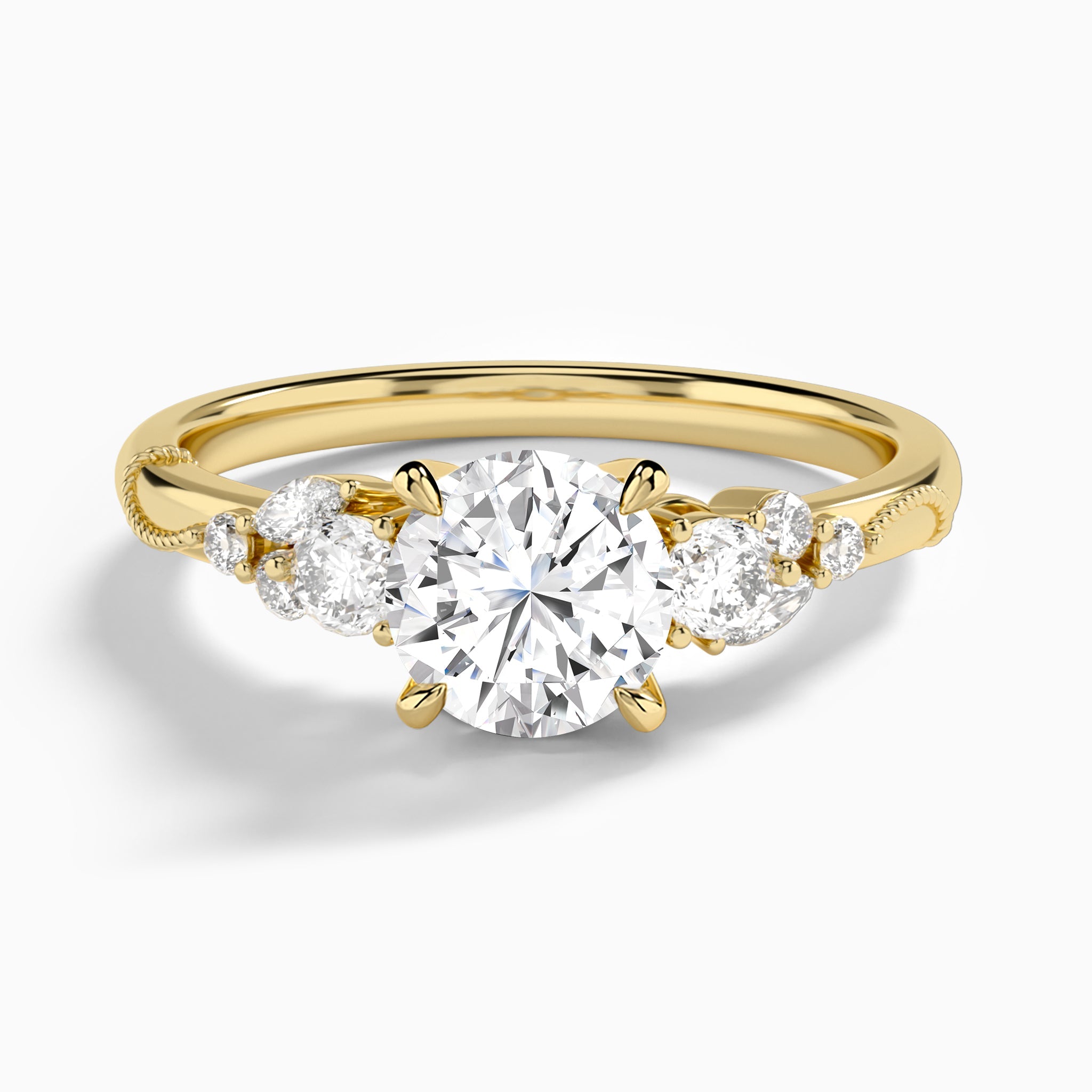 Round Carnation Three Stone Lab Diamond Engagement Ring In 14K Yellow Gold - Lucenjuri